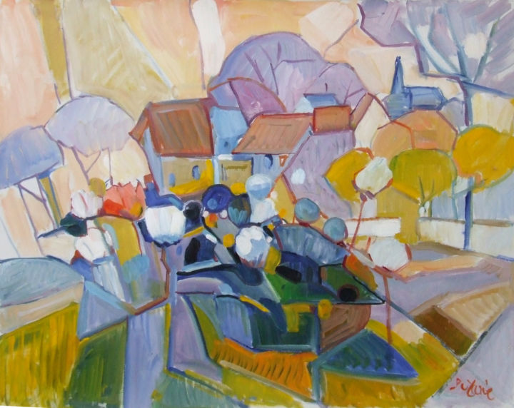Painting titled "Village normand en…" by Patrick Marie, Original Artwork, Oil Mounted on Wood Stretcher frame