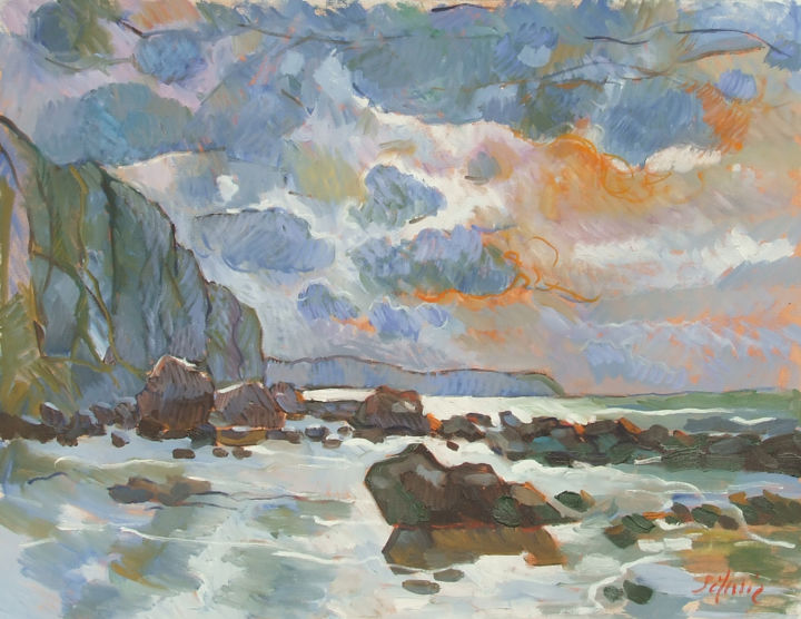 Painting titled "Falaises à Pourvill…" by Patrick Marie, Original Artwork, Oil Mounted on Wood Stretcher frame