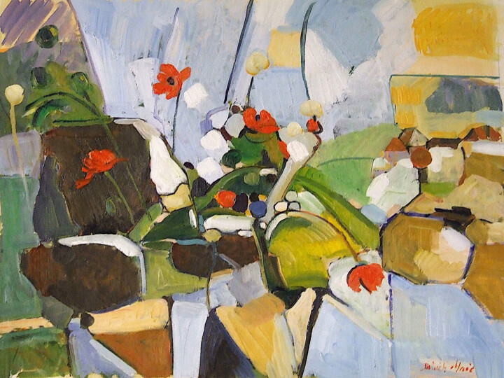 Painting titled "Les coquelicots" by Patrick Marie, Original Artwork, Oil Mounted on Wood Stretcher frame