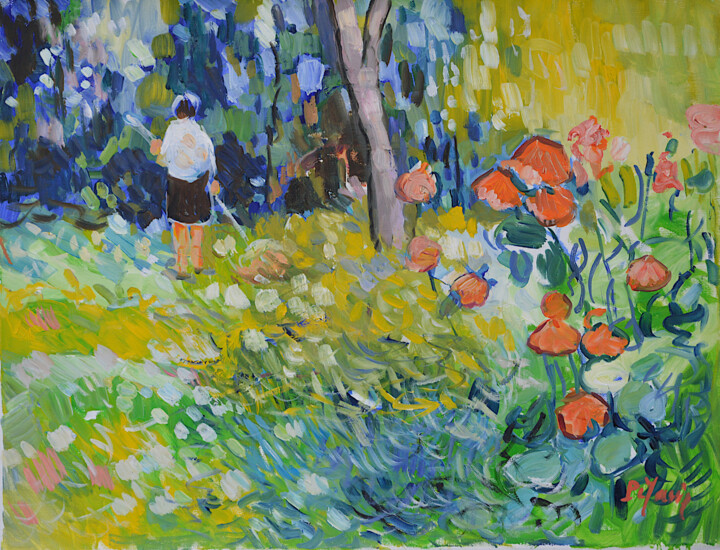 Painting titled "Le jardin" by Patrick Marie, Original Artwork, Oil Mounted on Wood Stretcher frame