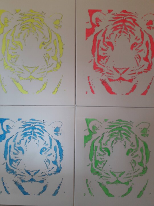 Malerei mit dem Titel "Les 4 tigres" von Patrick Mauxion (MAUX), Original-Kunstwerk, Acryl Auf Keilrahmen aus Holz montiert
