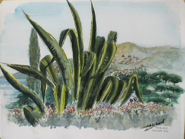 Painting titled "Agaves" by Patrick Michard, Original Artwork, Watercolor