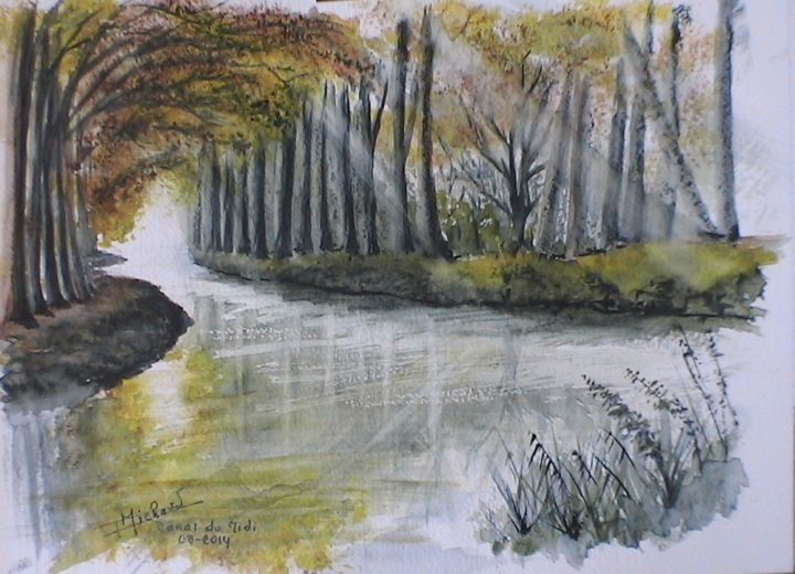 Painting titled "Canal du Midi" by Patrick Michard, Original Artwork, Watercolor