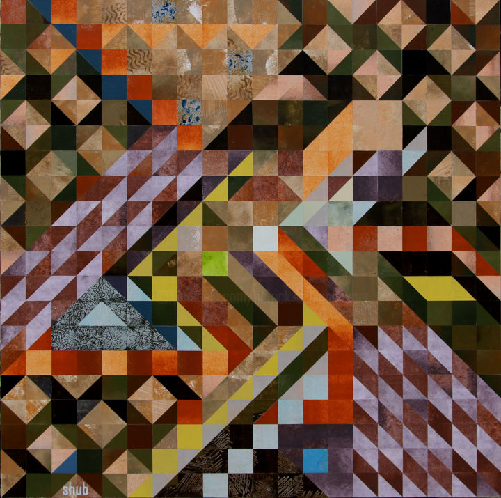 Collages getiteld "pixel-blues-tectoni…" door Shub, Origineel Kunstwerk, Collages Gemonteerd op Frame voor houten brancard