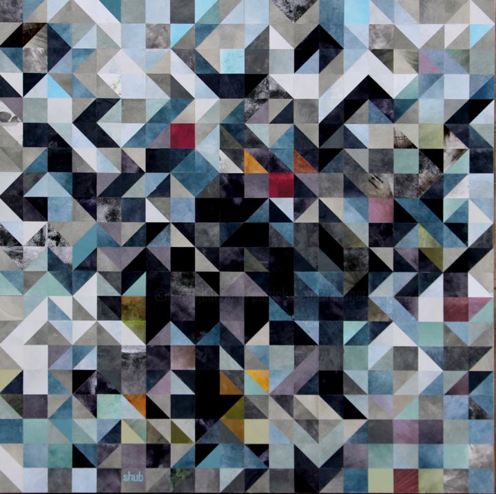 Collages titled "pixel blues brume" by Shub, Original Artwork, Acrylic Mounted on Wood Panel