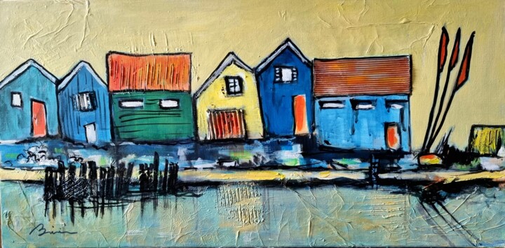 Painting titled "Cabanes d'Oleron" by Patrick Briere, Original Artwork, Acrylic Mounted on Wood Stretcher frame
