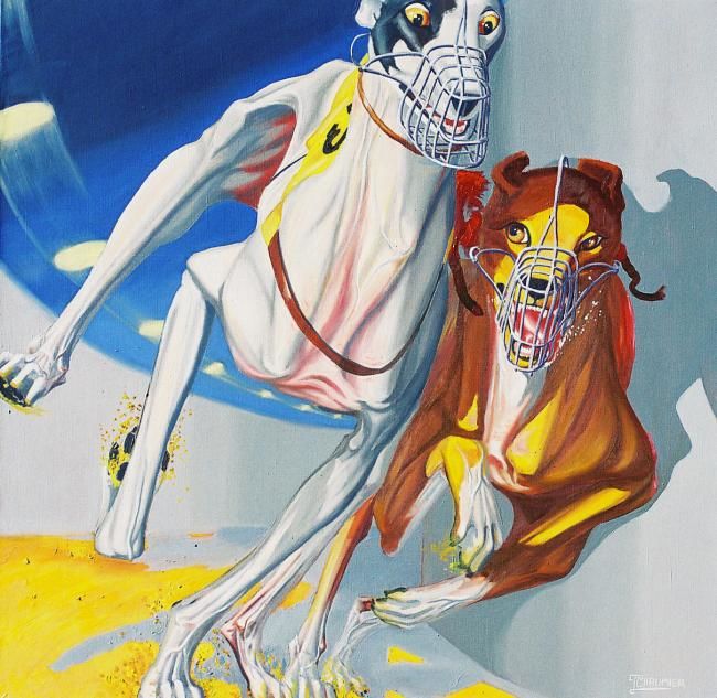 Peinture intitulée "Sur la corde" par Greyhound In Art, Œuvre d'art originale
