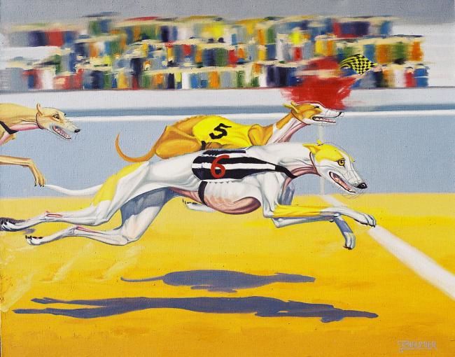 Картина под названием "Ligne d'arrivée" - Greyhound In Art, Подлинное произведение искусства