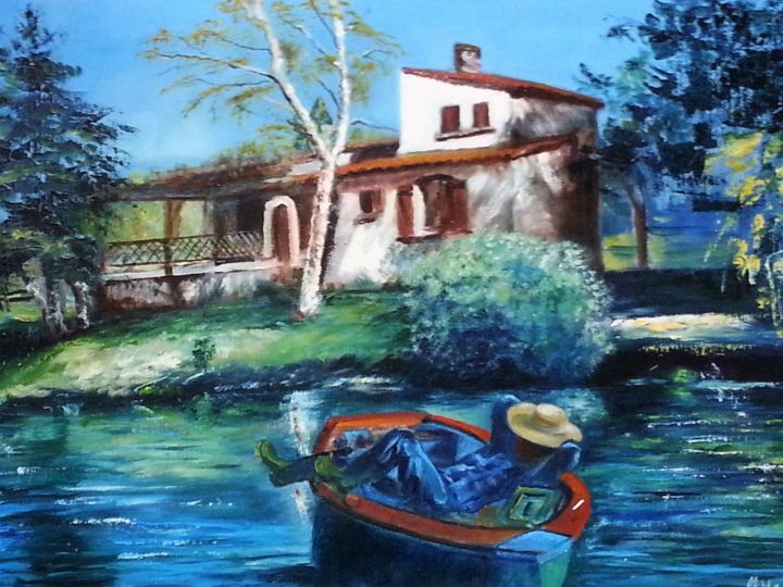 Malerei mit dem Titel "Sieste du pêcheur" von Patrick Nevoso, Original-Kunstwerk, Öl