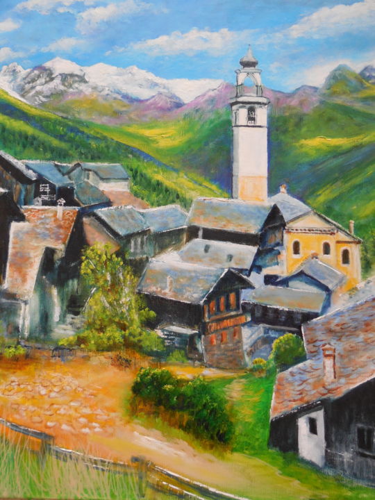 Painting titled "Val d'Aoste 1" by Patrick Nevoso, Original Artwork, Oil Mounted on Wood Stretcher frame