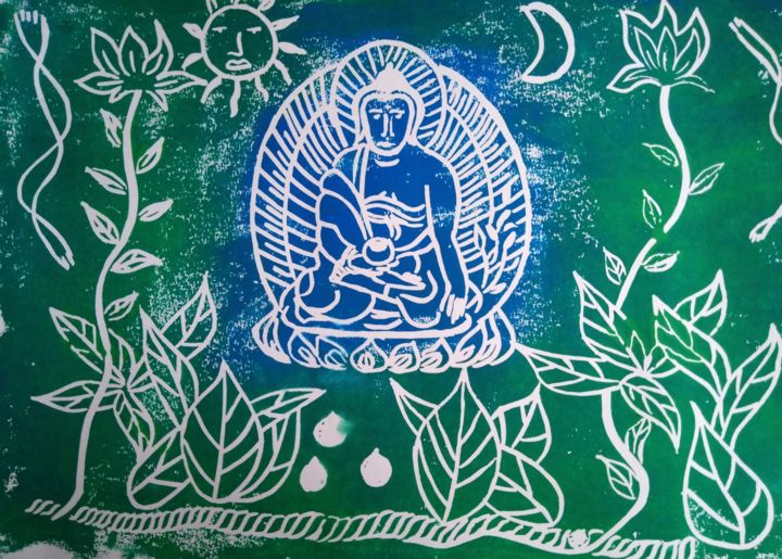 Incisioni, stampe intitolato "Bouddha de Médecine…" da Patrick Nevoso, Opera d'arte originale, Incisioni su linoleum