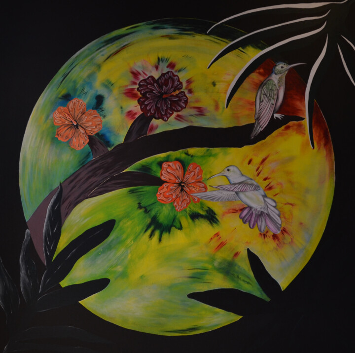 Painting titled "Colibri" by Patrizia Pic, Original Artwork, Acrylic Mounted on Wood Stretcher frame