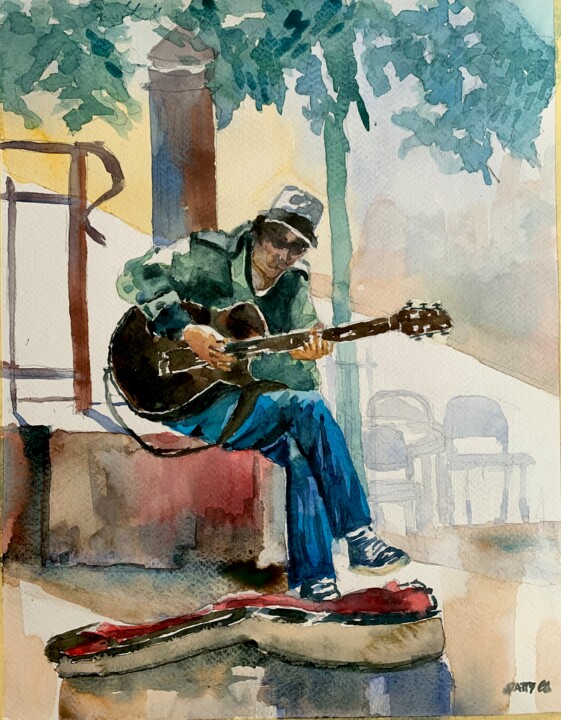 Schilderij getiteld "Il chitarrista" door Patrizia Salcini, Origineel Kunstwerk, Aquarel