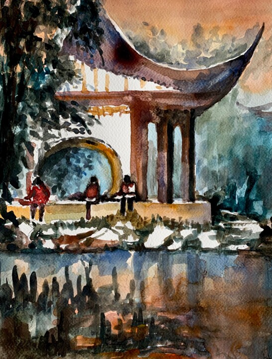 Painting titled "Giardino a Shangai" by Patrizia Salcini, Original Artwork, Watercolor