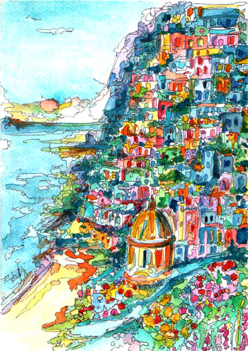 Malarstwo zatytułowany „Amalfi” autorstwa Patrizia Gargiulo (PattyGi), Oryginalna praca, Akwarela