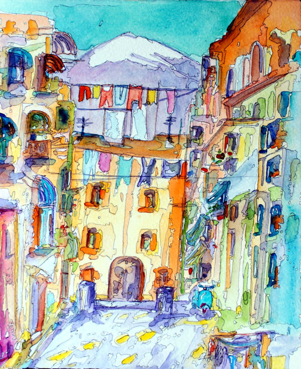 Painting titled "Vicolo Napoli" by Patrizia Gargiulo (PattyGi), Original Artwork, Watercolor