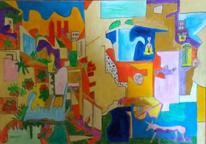 Peinture intitulée "Village life" par Paul Antwis, Œuvre d'art originale