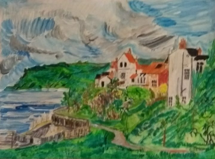 Ζωγραφική με τίτλο "Village on the cliff" από Paul Antwis, Αυθεντικά έργα τέχνης, Ακρυλικό