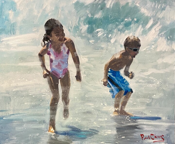 Painting titled "Siblings Happy Beac…" by Paul Cheng, Original Artwork, Oil Mounted on Wood Stretcher frame