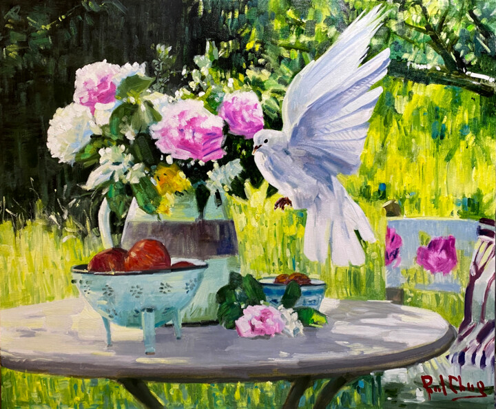 Painting titled "Pigeon and Rose" by Paul Cheng, Original Artwork, Oil Mounted on Wood Stretcher frame