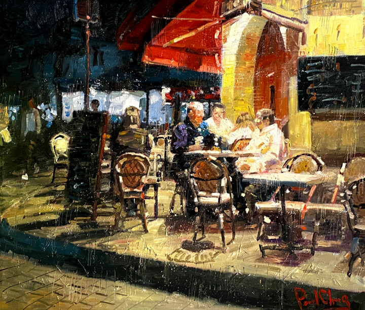 Painting titled "Saturday Night Chat" by Paul Cheng, Original Artwork, Oil Mounted on Wood Stretcher frame
