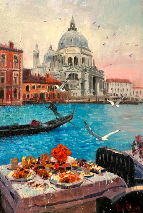 Painting titled "Venice Seagulls" by Paul Cheng, Original Artwork, Oil Mounted on Wood Stretcher frame