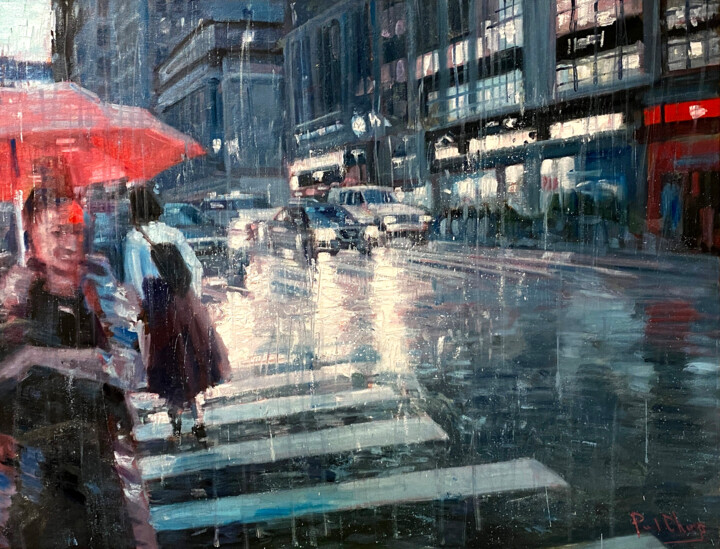 Peinture intitulée "New Yoke Rain" par Paul Cheng, Œuvre d'art originale, Huile Monté sur Châssis en bois