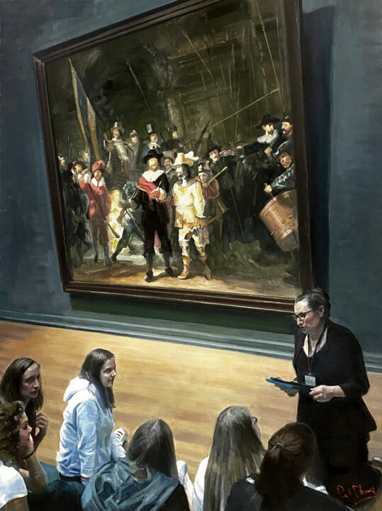 Schilderij getiteld "Art Museum Talk" door Paul Cheng, Origineel Kunstwerk, Olie Gemonteerd op Frame voor houten brancard