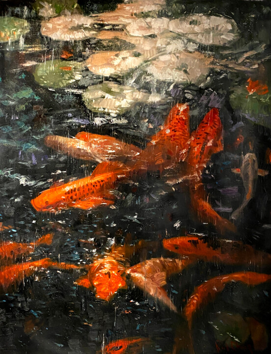 Schilderij getiteld "Golden Carps In The…" door Paul Cheng, Origineel Kunstwerk, Olie