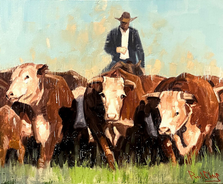Painting titled "Cowboy Herding Catt…" by Paul Cheng, Original Artwork, Oil Mounted on Wood Stretcher frame
