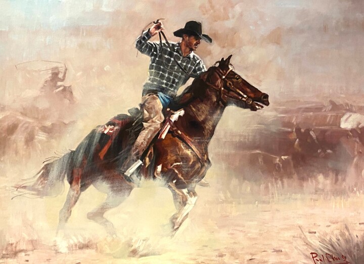 「Cattle Drive」というタイトルの絵画 Paul Chengによって, オリジナルのアートワーク, オイル ウッドストレッチャーフレームにマウント