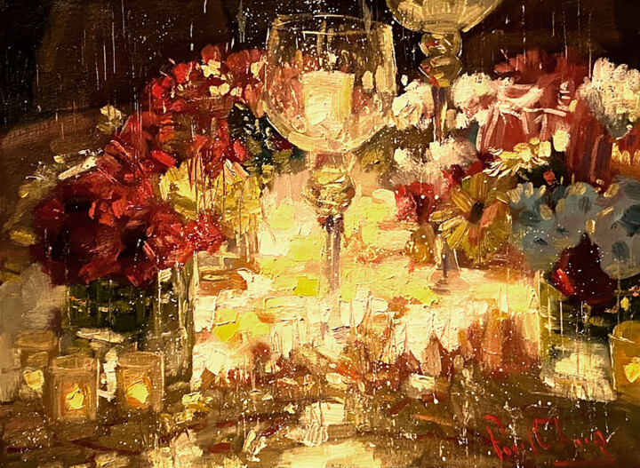 Painting titled "Party Night #3" by Paul Cheng, Original Artwork, Oil Mounted on Cardboard