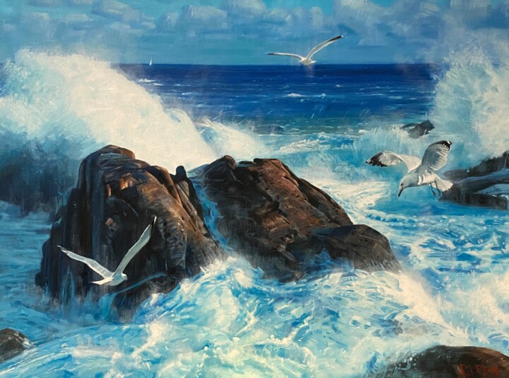 Painting titled "Happy Seagulls" by Paul Cheng, Original Artwork, Oil Mounted on Wood Stretcher frame