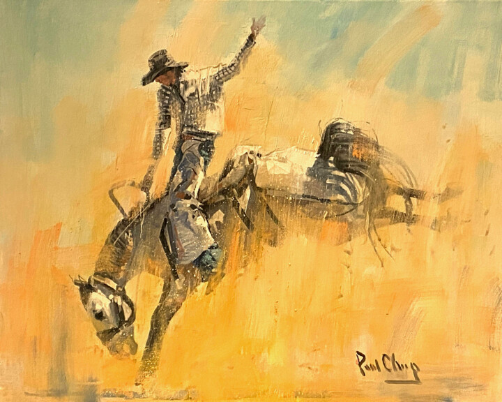 Painting titled "Rodeo Art #18" by Paul Cheng, Original Artwork, Oil Mounted on Wood Stretcher frame