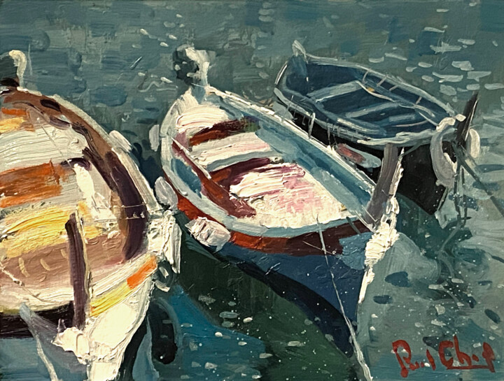 Painting titled "Small Boats in Cinq…" by Paul Cheng, Original Artwork, Oil Mounted on Cardboard