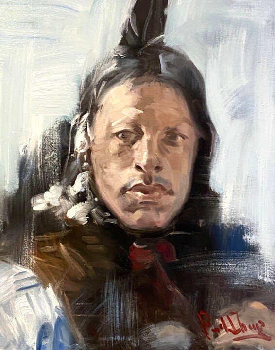 Painting titled "Native American Ind…" by Paul Cheng, Original Artwork, Oil Mounted on Cardboard