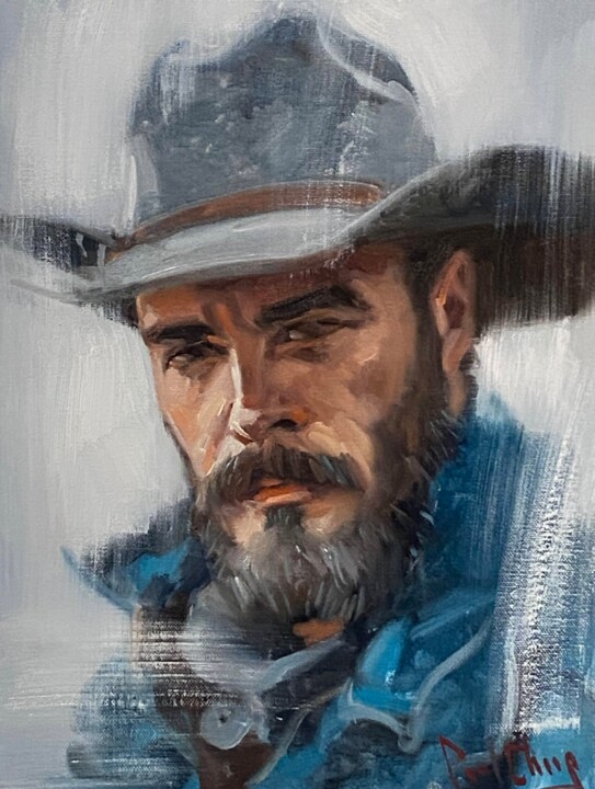 Painting titled "Cowboy No.54" by Paul Cheng, Original Artwork, Oil Mounted on Cardboard