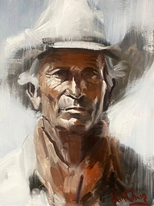 Schilderij getiteld "Cowboy No.56" door Paul Cheng, Origineel Kunstwerk, Olie Gemonteerd op Karton