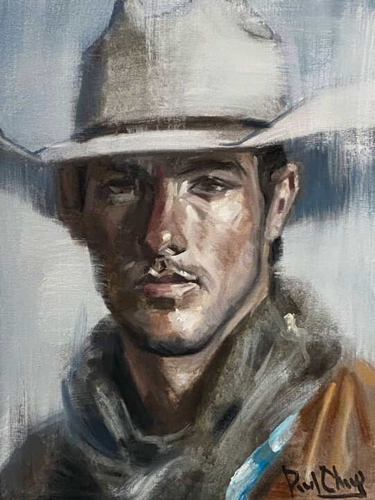 Painting titled "Cowboy No.57" by Paul Cheng, Original Artwork, Oil Mounted on Cardboard