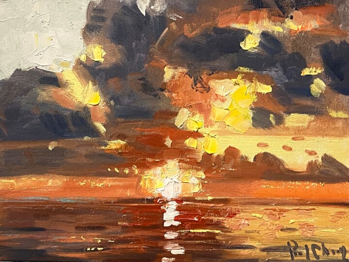 绘画 标题为“Laguna Beach Sunset…” 由Paul Cheng, 原创艺术品, 油 安装在纸板上
