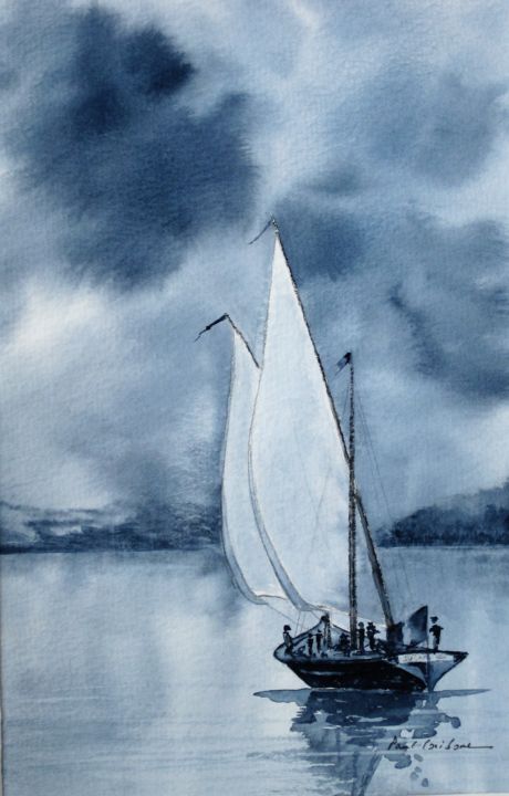Painting titled "Barque à voiles lat…" by Paul Loridant, Original Artwork, Watercolor