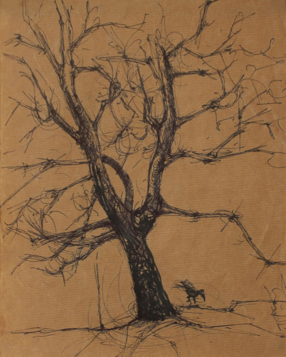 「Le corbeau」というタイトルの描画 Paul Natterによって, オリジナルのアートワーク, インク