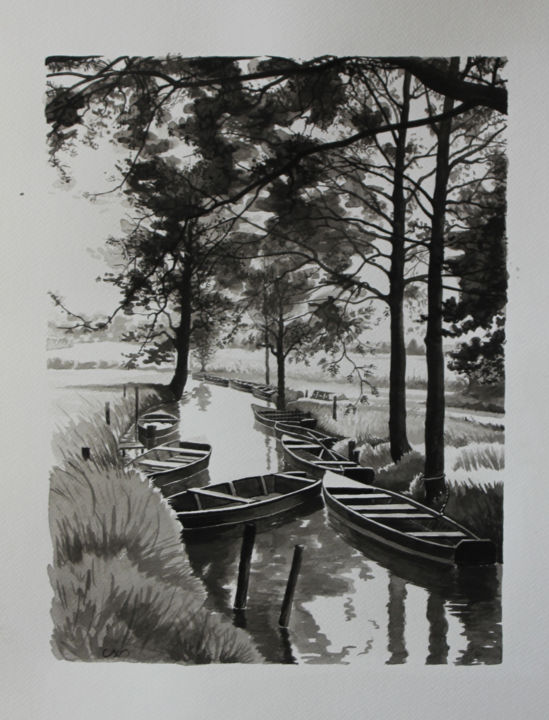 Dessin intitulée "Les barques" par Paul Natter, Œuvre d'art originale, Encre
