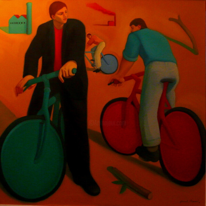 Painting titled "Bicyclettes Chromat…" by Paul Rossi, Original Artwork, Oil