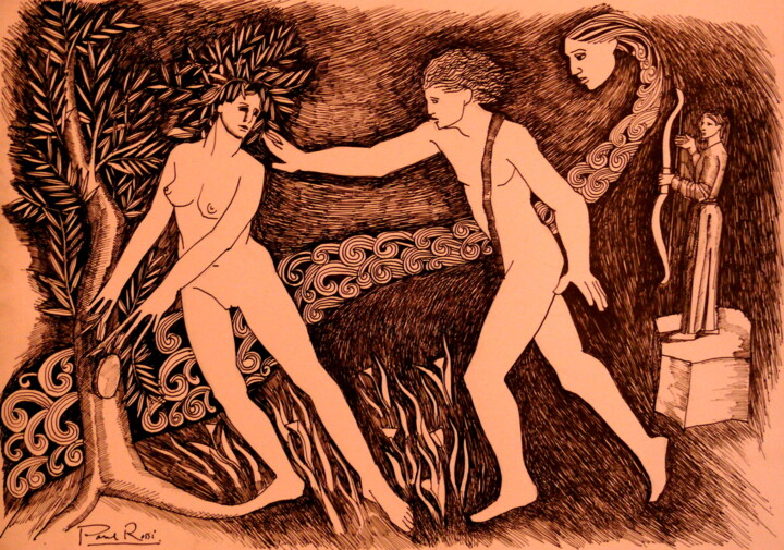 Drawing titled "Apollon et Daphne" by Paul Rossi, Original Artwork, Ink