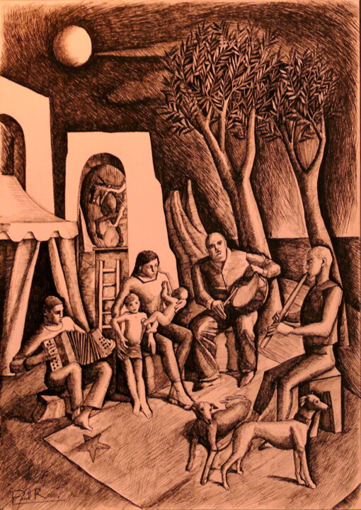 Drawing titled "Mere et enfants en…" by Paul Rossi, Original Artwork, Ink