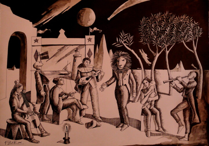 Disegno intitolato "Famille de cirque e…" da Paul Rossi, Opera d'arte originale, Inchiostro