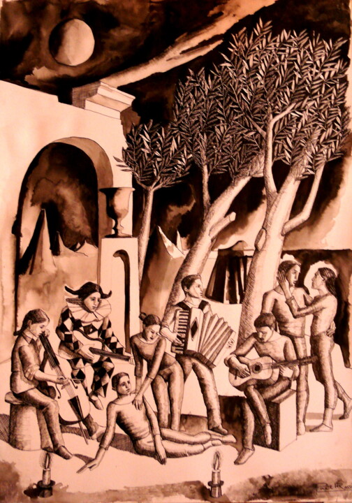 Drawing titled "Fete Gallante en pa…" by Paul Rossi, Original Artwork, Ink