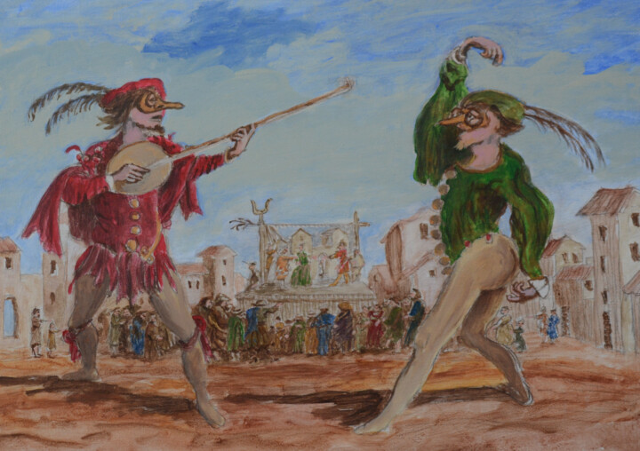 Drawing titled "Razullo and Cucurucu" by Paul Scott, Original Artwork, Acrylic Mounted on Other rigid panel