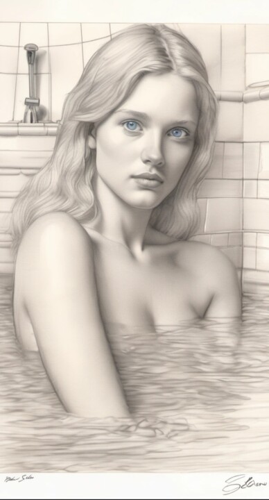 Ζωγραφική με τίτλο "Morning bath" από Paul Selow, Αυθεντικά έργα τέχνης, Γραφίτης